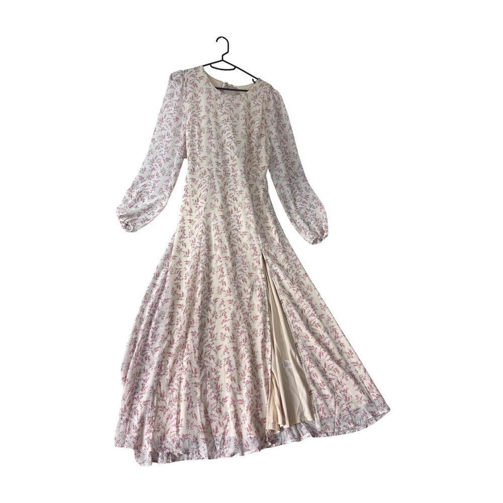Et Clet Midi Dress Womens Medium Cream Pink Floral Open Back Slit C1438D